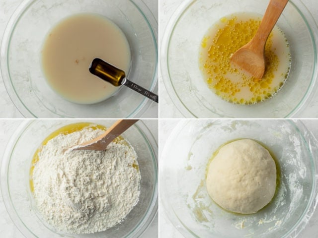 Process shots of adding olive oil, flour and then kneading into a ball