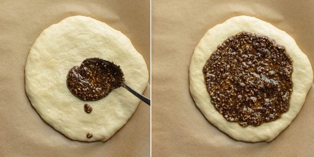 Process shots showing zaatar spread going on the dough and then spread around