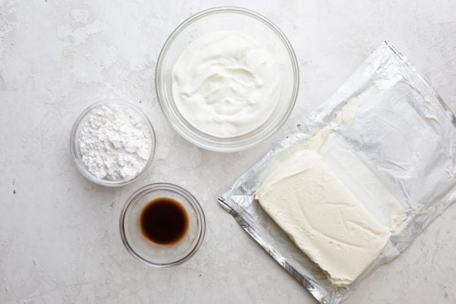 Cream cheese frosting ingredients: cream cheese, Greek yogurt, powdered sugar and vanilla extract