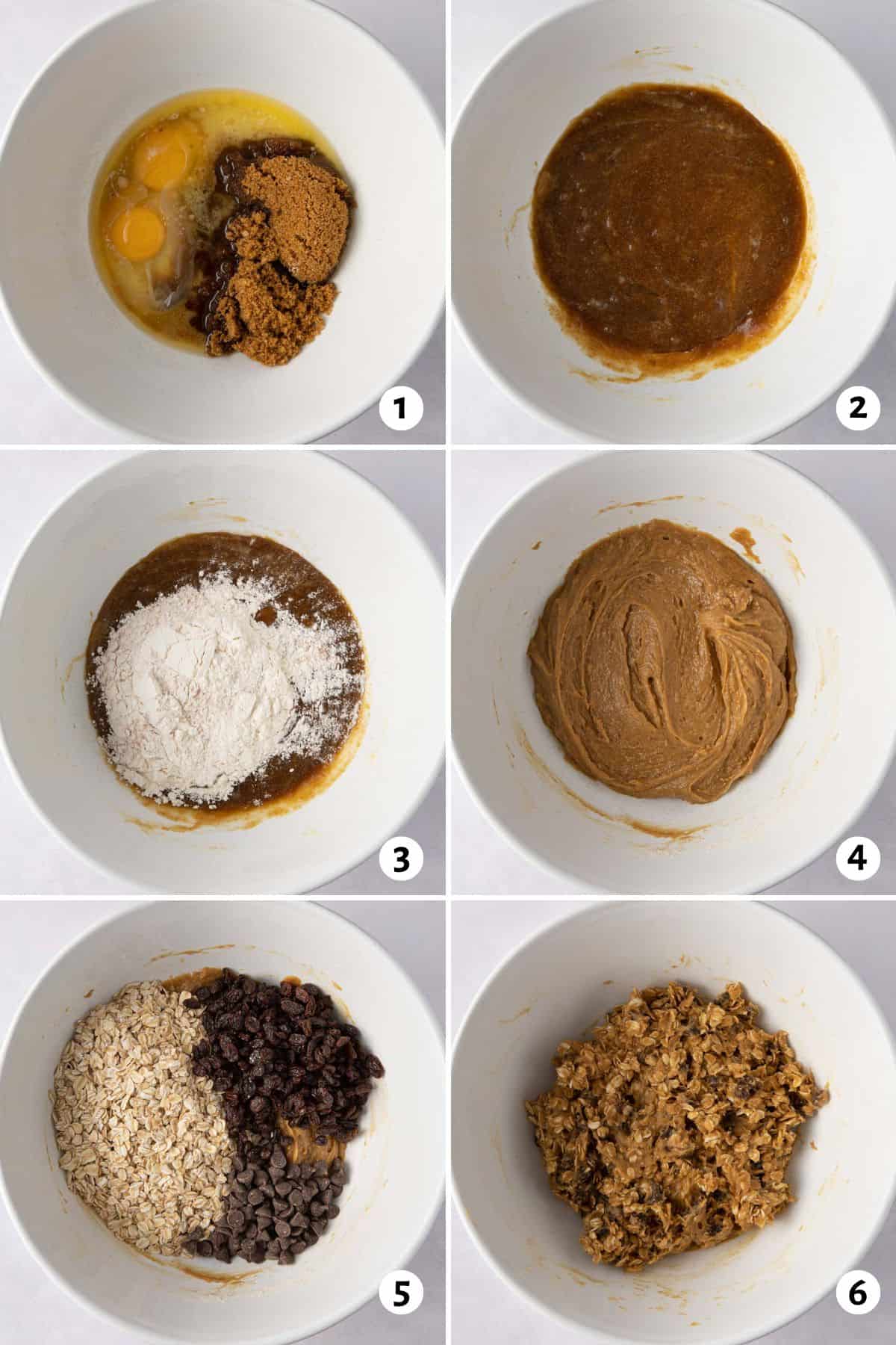 Collage showing dry ingredients before and after mixing