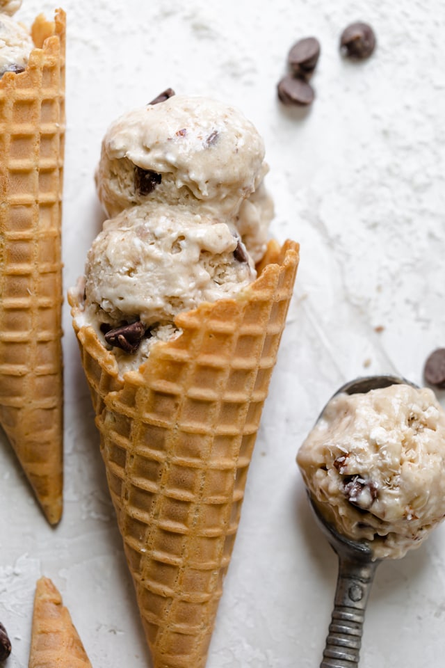 Close up of the finished almond joy ice cream in waffle cone