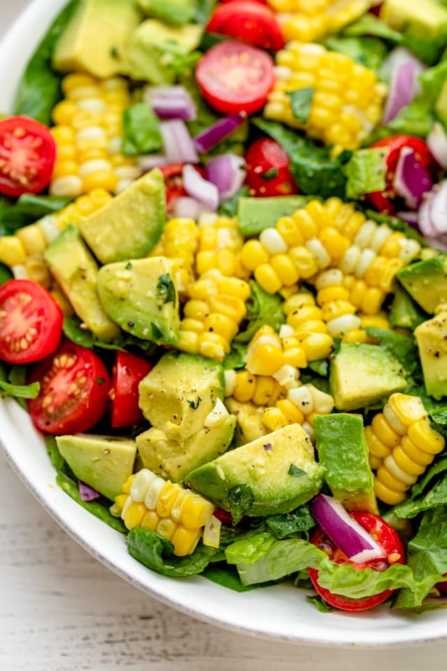 Close up of the corn summer salad with avocados