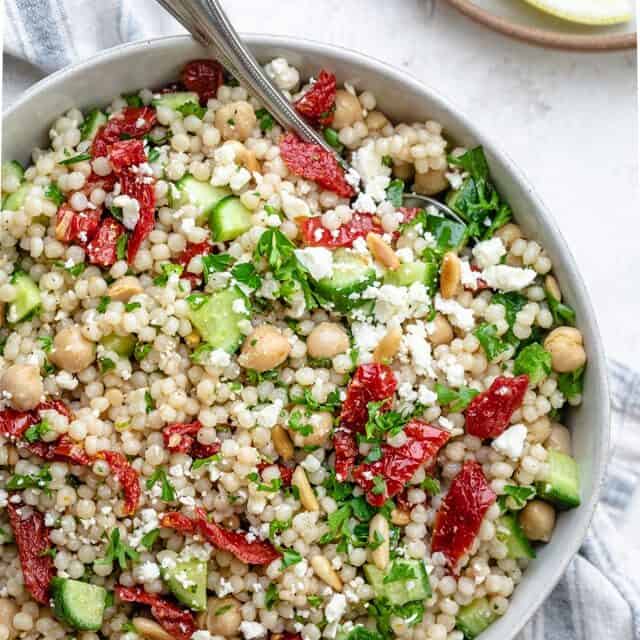 Couscous salad in a large bowl - Mediterranean easy salad for summer