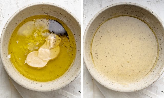 Collage showing the dressing before and after mixing in a bowl