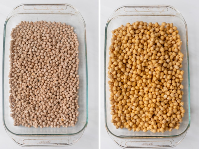 Collage showing dried chickpeas, then soaked chickpeas 24 hours later