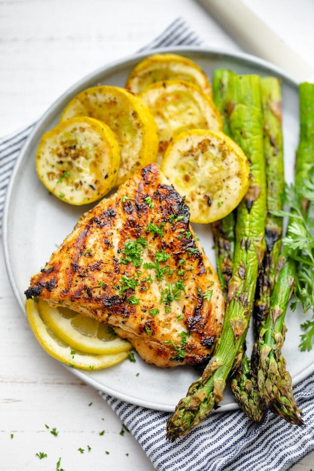 Plate with grilled lemon chicken, zucchini and asparagus