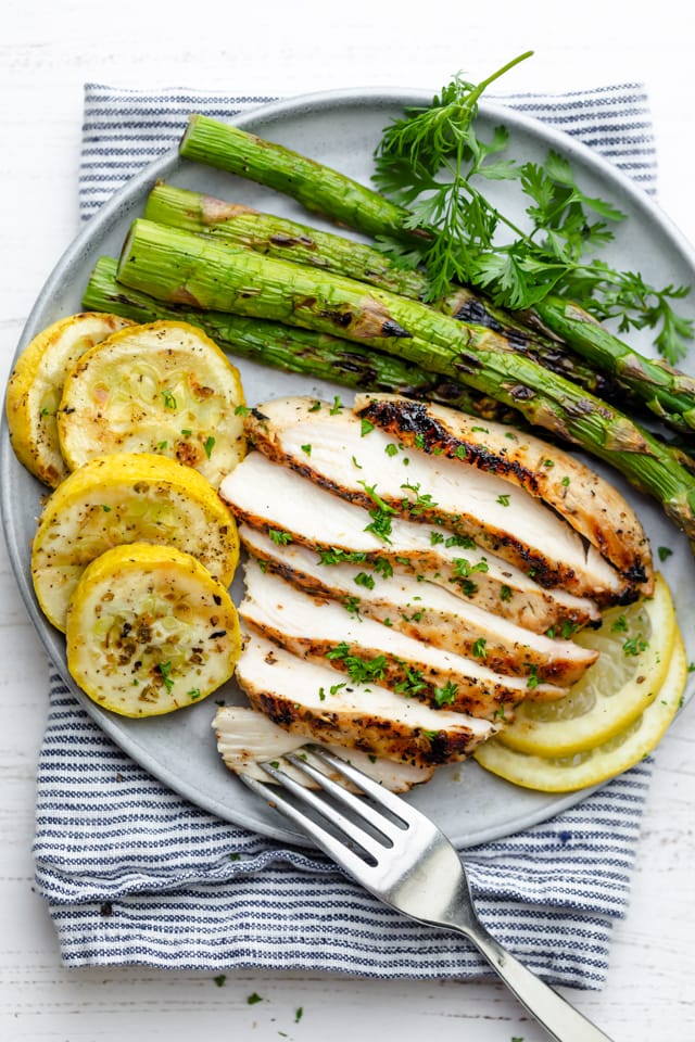 Plate with sliced grilled chicken, asparagus and zucchini