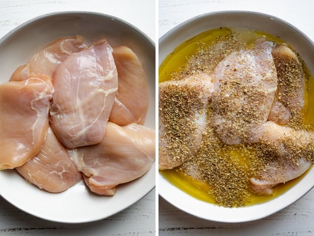 Collage of chicken breasts before and after the marinade is added