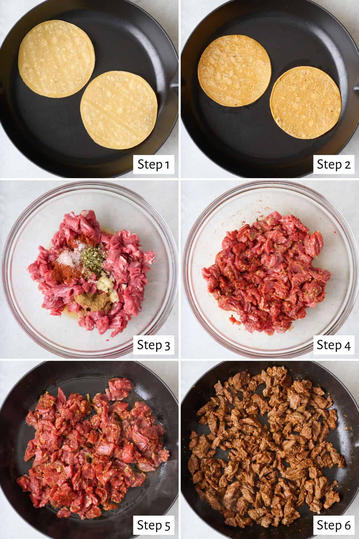6 image collage making recipe: 1- corn tortillas on a skillet, 2- after flipping, 3- meat and spices in a bowl, 4- after tossing together, 5- seasoned meat in same pan before cooked, 6- after cooking.