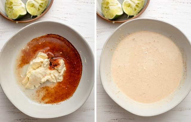 Collage showing the salad dressing before and after getting mixed