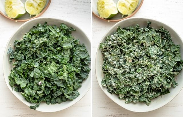 Collage showing the chopped kale before and after adding the dressing on top