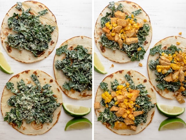 Collage showing assembly of the Mexican street tacos, first adding the kale slaw, then adding the chicken filling