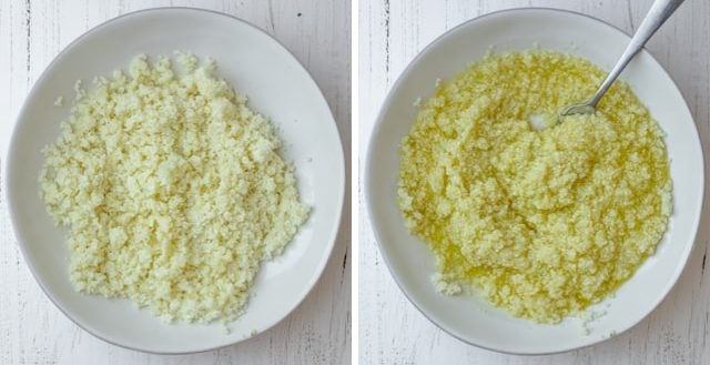 Collage of the cauliflower rice before and after adding the dressing