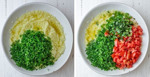 Collage of cauliflower rice with the addition of the vegetables and herbs