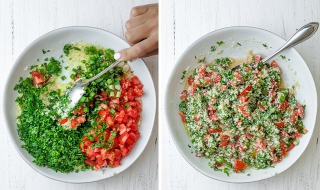 Collage of the salad before and after mixing