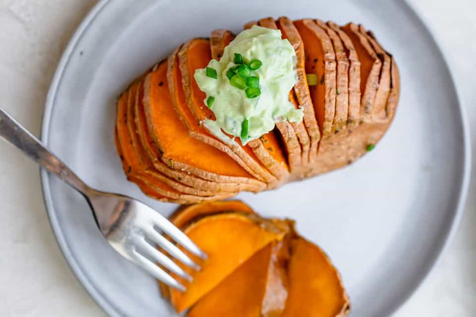 Crispy Hasselback Sweet Potato Recipe with Dip!