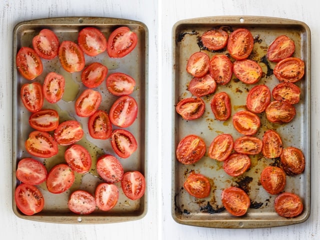 Process shots of the sliced tomatoes before an after roasting