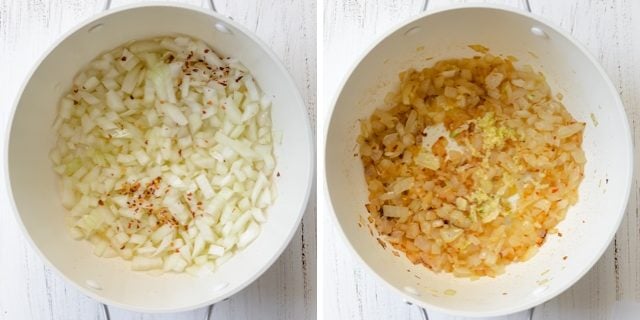 Process shots showing onions getting fried