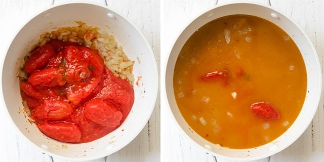 Process shots of a pot showing the canned tomatoes and broth getting added