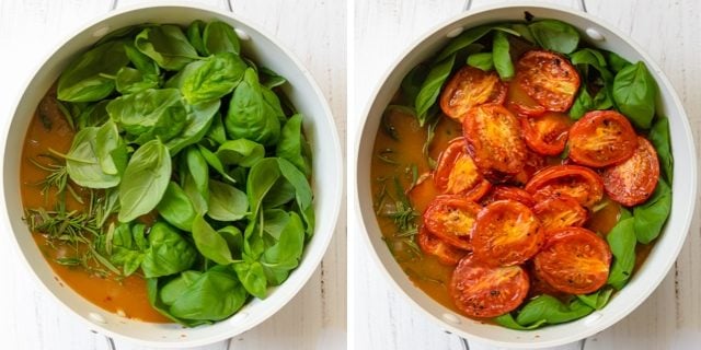 Process shots showing the basil getting then, then the roasted tomatoes