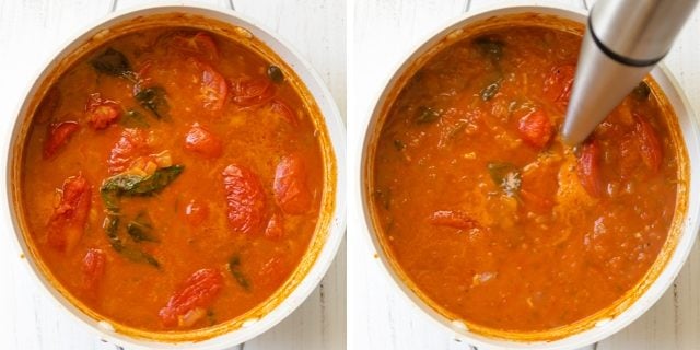 Process shots of the pot of soup before and after blending