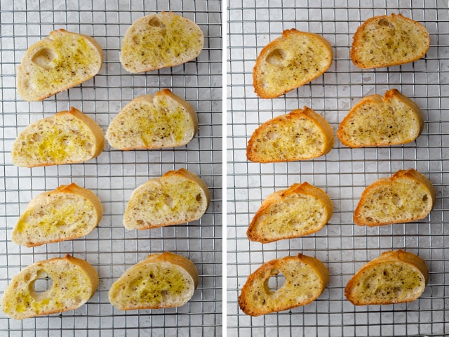 Crostini before and after baking on a wired baking sheet