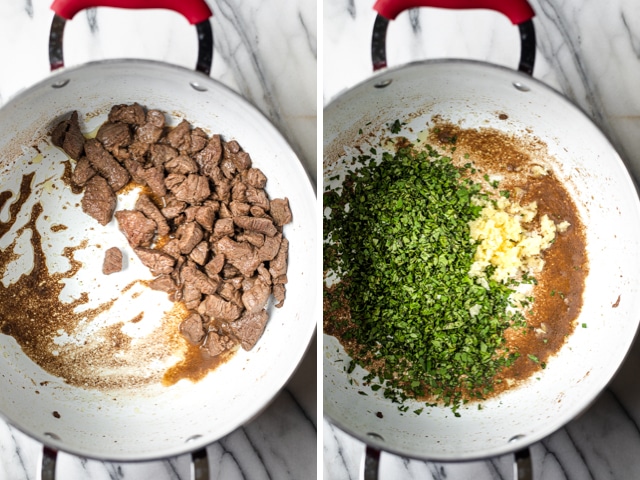 Process shots showing the beef getting cooked and then the cilantro and garlic getting cooked