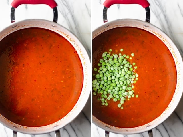 Process shots showing the tomato sauce getting cooked, then peas added