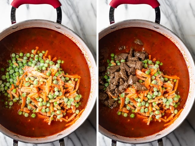 Frozen carrots added, then the cooked beef getting added to the stew