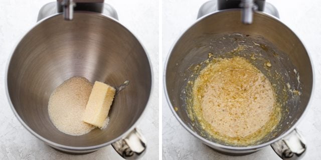 Process shots of the butter and sugar getting creamed in stand mixer