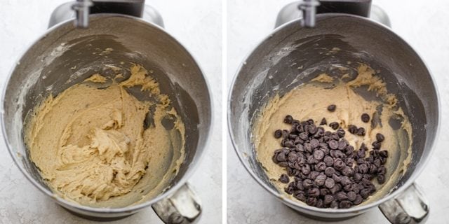 Collage of two images showing the batter with the chocolate chips before and after folding in.