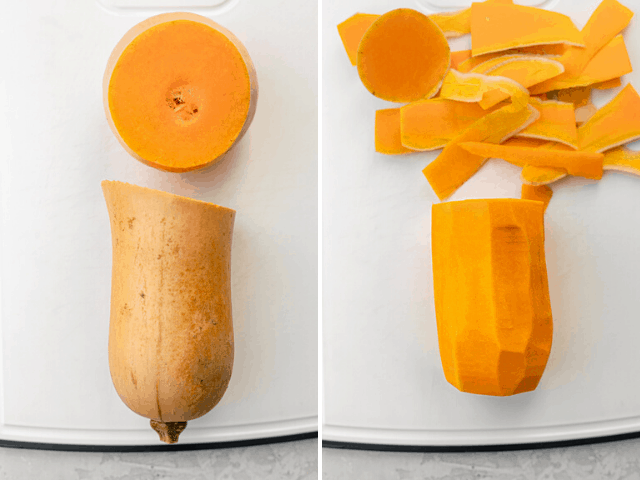 Process shot showing how to cut butternut squash