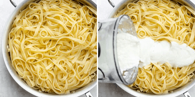 Collage of two images showing the pasta alone and then the sauce getting poured on top