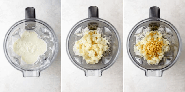 Collage of the top view of the Brandless blender with the ingredients to make the alfredo sauce