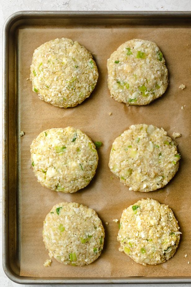 Cauliflower patties shaped before frying