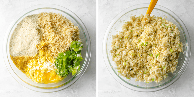 Collage of the ingredients all together in a bowl before and after mixing