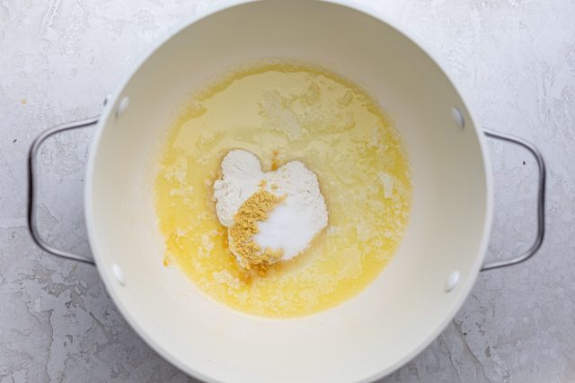 Making roux with butter, flour and mustard