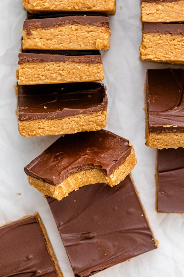 Close up of one peanut butter bar with bite taken out