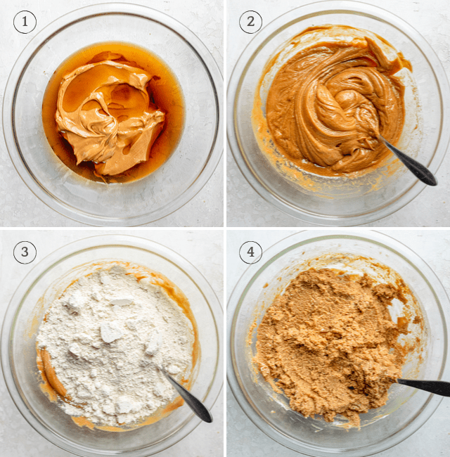 Process shot to show the peanut butter, maple syrup and oat flour getting mixed