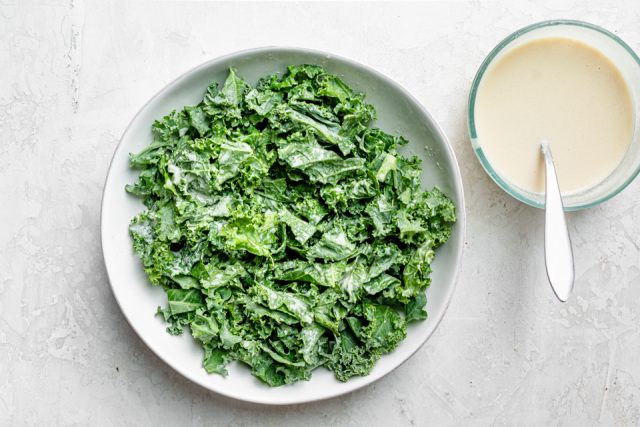 Kale massaged with half the tahini dressing