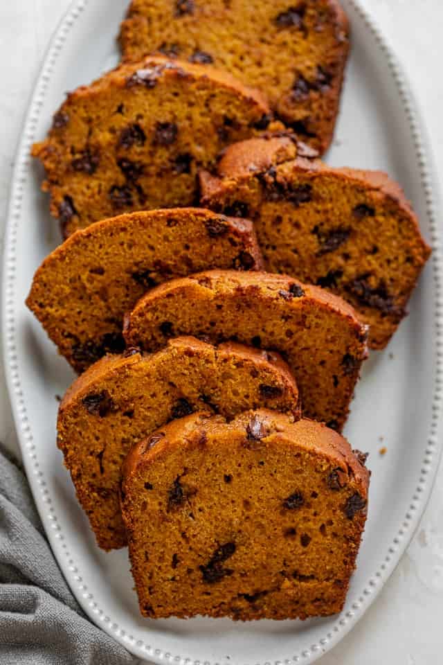 Pumpkin Chocolate Chip Bread after baking, sliced and place in a large dish
