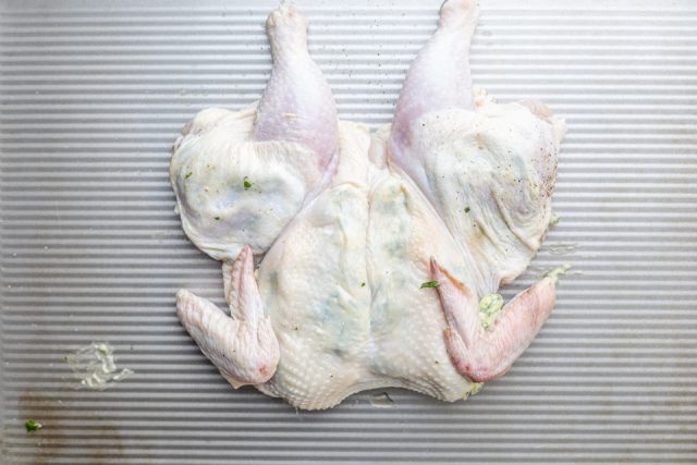 Spatcocked chicken laying flat on baking sheet
