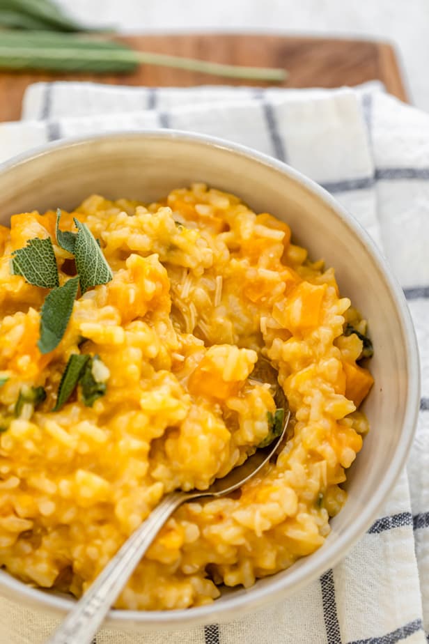 Spoon in bowl of the butternut squash risotto