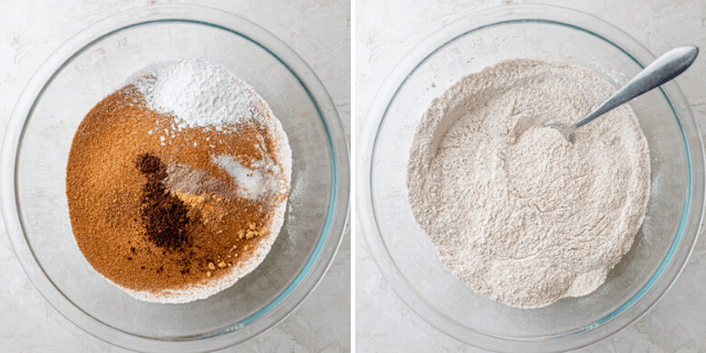 Process shots showing the dry ingredients before and after mixing