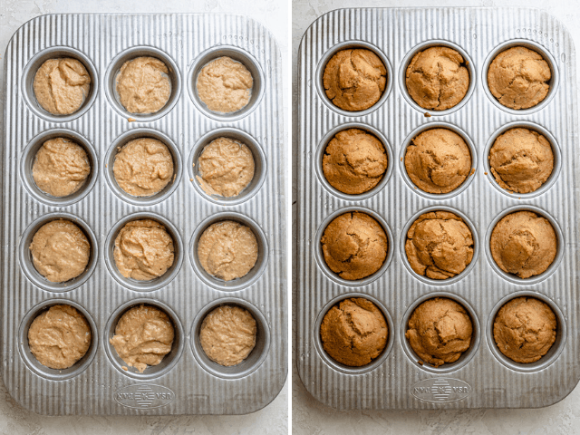 Process shots showing the muffins in a muffin tin before and after baking