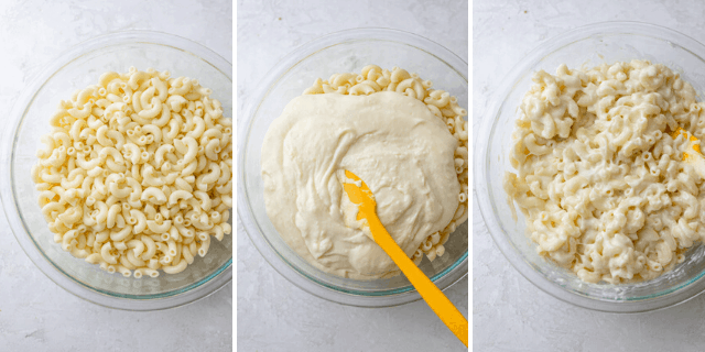 Process shots of the pasta, with the sauce over it and then all mixed together