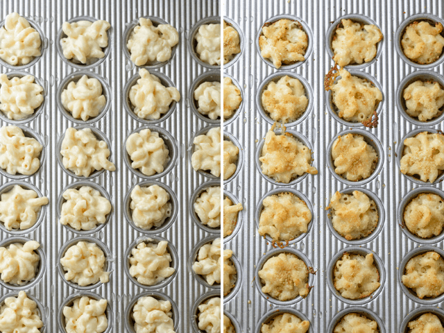 Collage showing the mac and cheese bites before and after baking in the oven