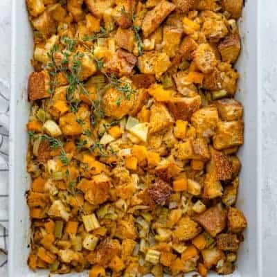 Final vegetarian stuffing in a large casserole dish