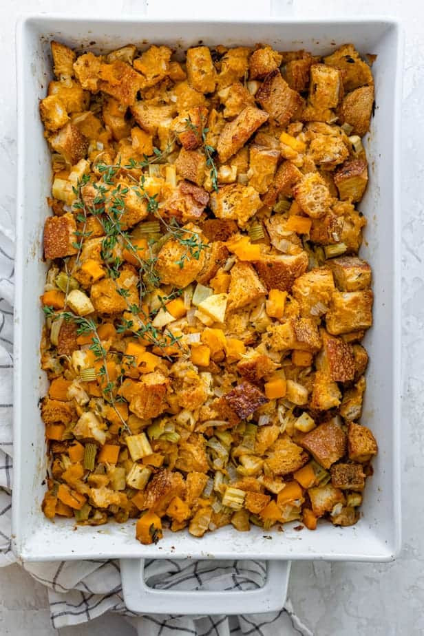 Final vegetarian stuffing in a large casserole dish