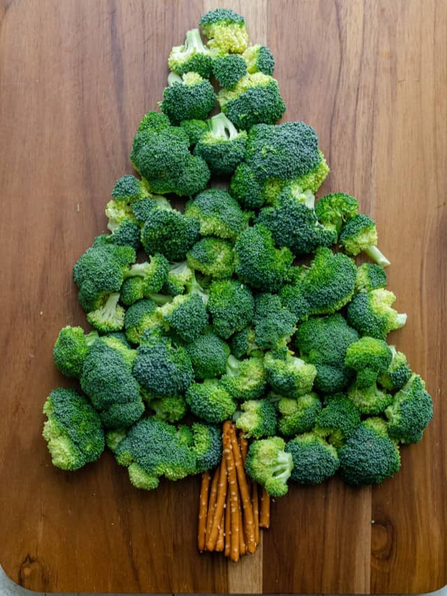 Assembling the pretzels for the Christmas tree vegetable platter.
